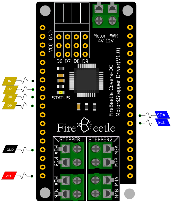 Fig3: DFR0508 FireBeetle Covers-DC Motor&Stepper Driver Pinout