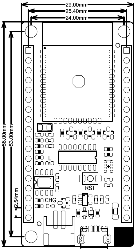 Fig1: FireBeetle Board-ESP32主板尺寸图