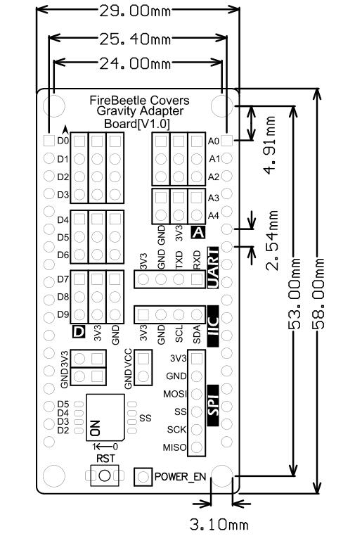 FireBeetle Covers-Gravity Adapter Board(V1.0)主板尺寸图