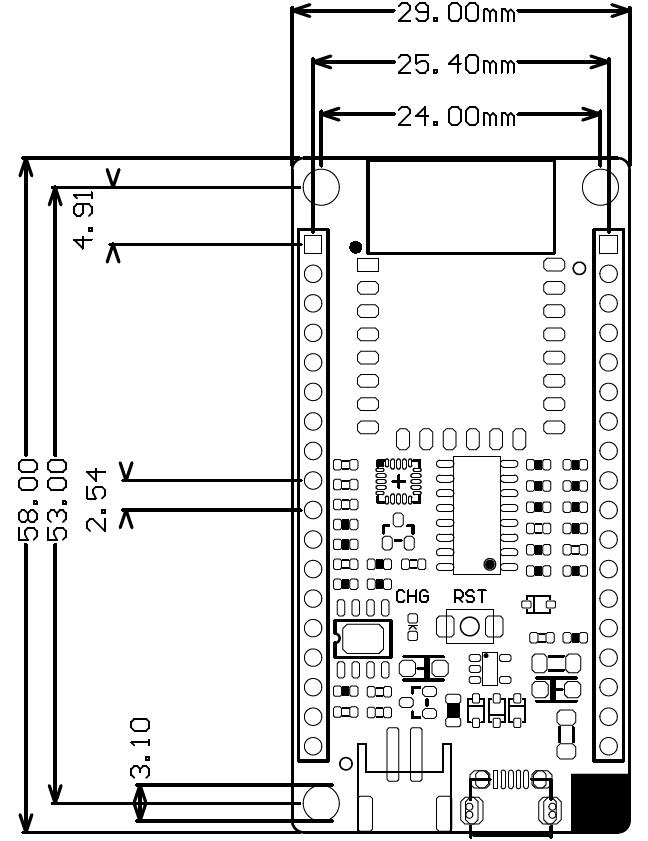 Fig1: FireBeetle Board-ESP8266V2.0主板尺寸图